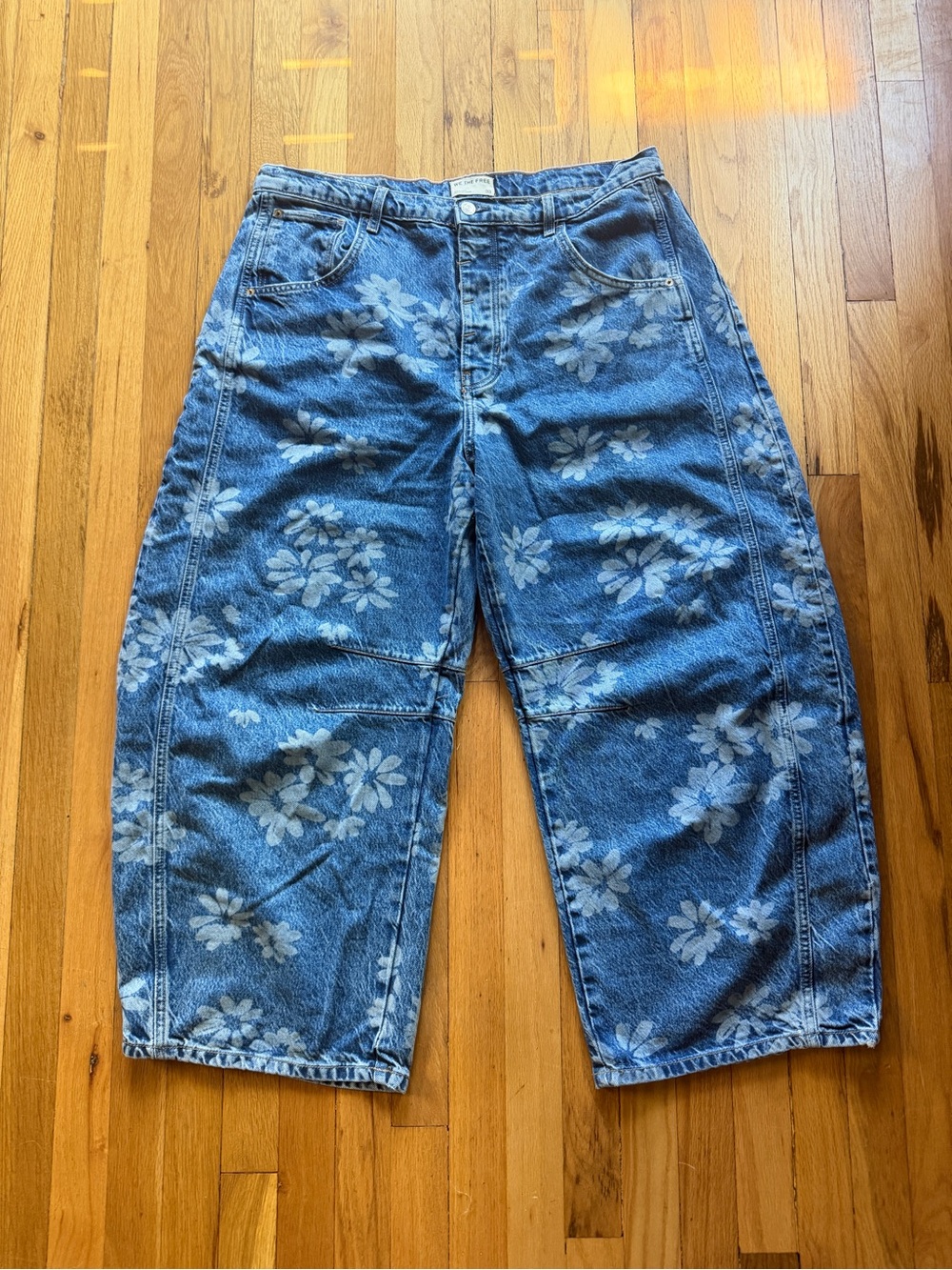 We the free flower print denim barrel jeans